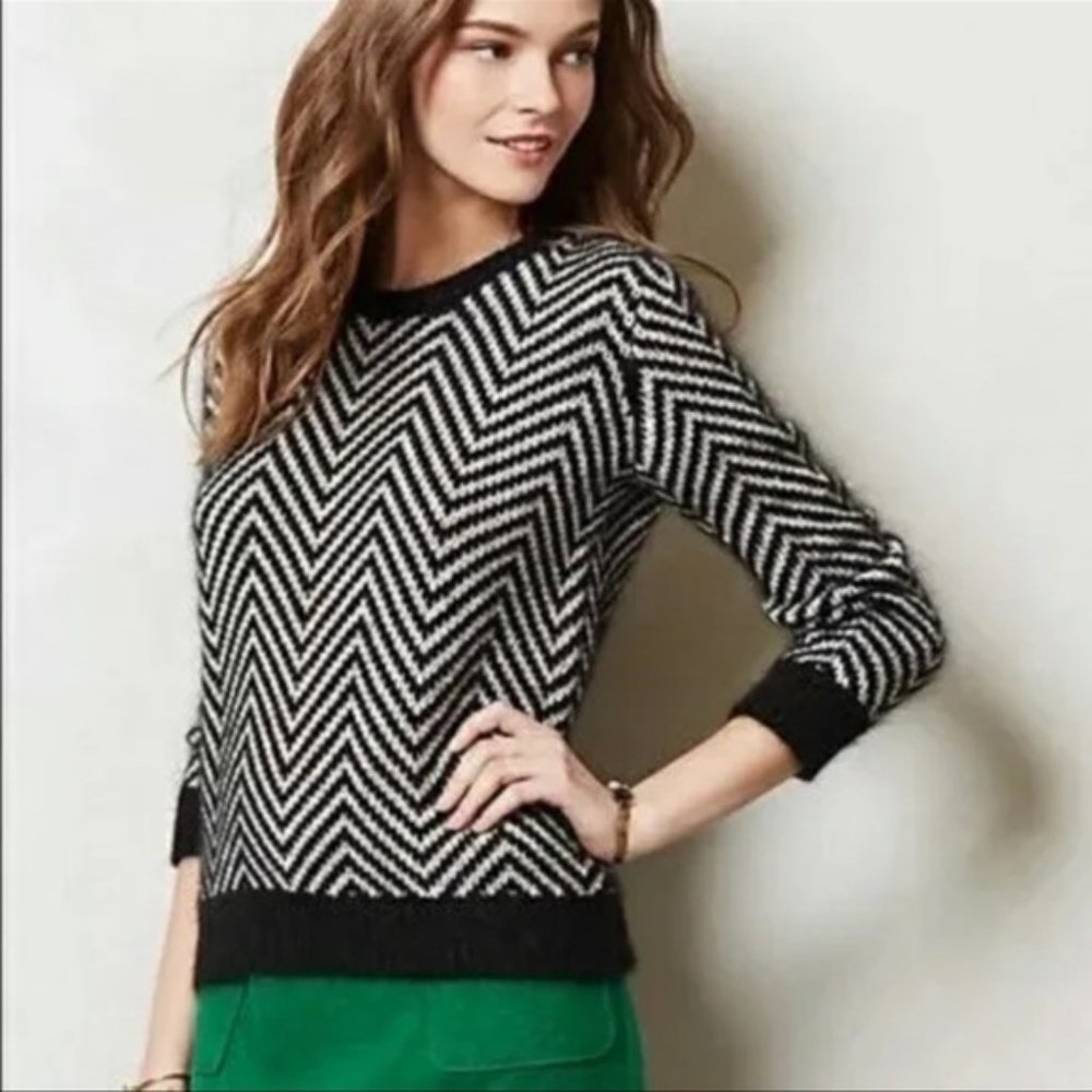Anthropologie Ganni Candy Floss Chevron Sweater Large Wool Angora Black White